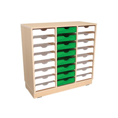 Flexi Schrank M mit 2 Trennwänden, auf Sockel + 24 Holzbehälter flach, weiß-grün (Flexi 143)