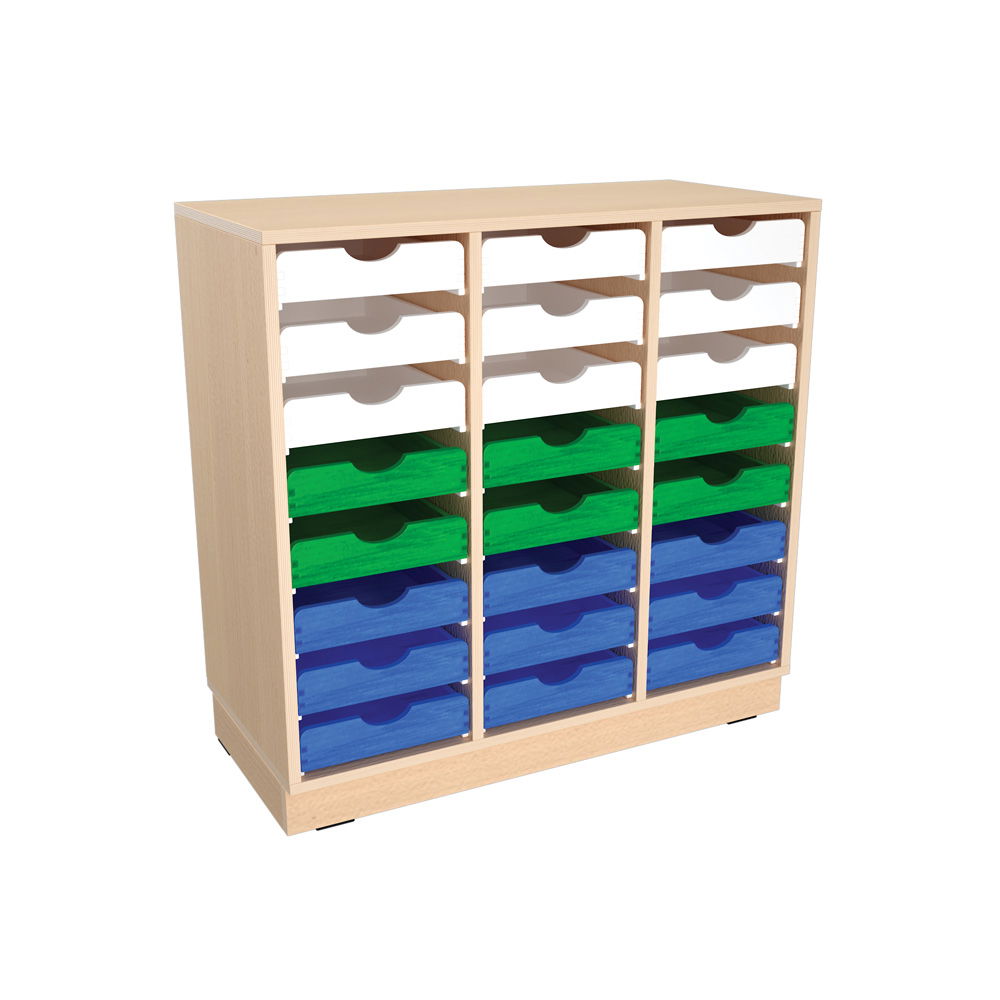 Flexi Schrank M mit 2 Trennwänden, auf Sockel + 24 Holzbehälter flach, weiß-grün-blau (Flexi 144)