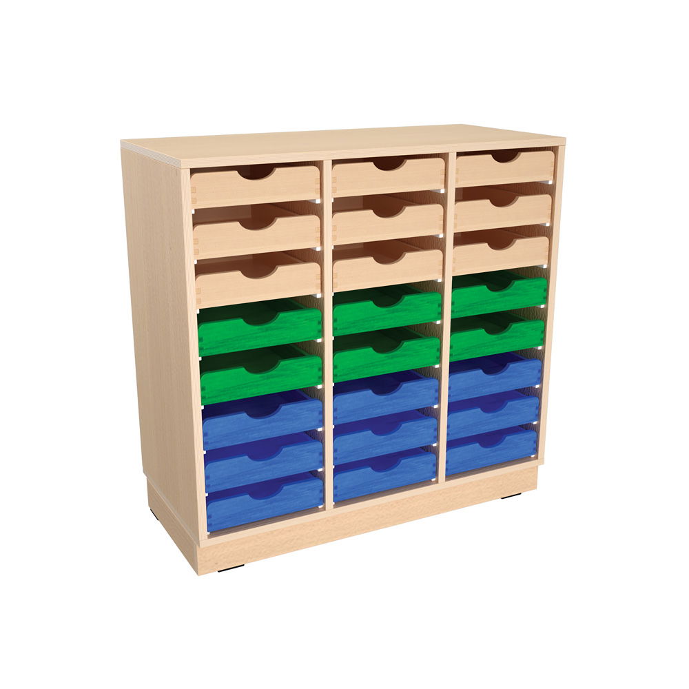 Flexi Schrank M mit 2 Trennwänden, auf Sockel + 24 Holzbehälter flach, Buche-grün-blau (Flexi 145)