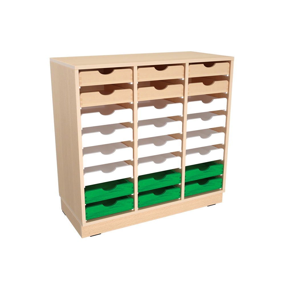 Flexi Schrank M mit 2 Trennwänden, auf Sockel + 24 Holzbehälter flach, Buche-weiß-grün (Flexi 146)