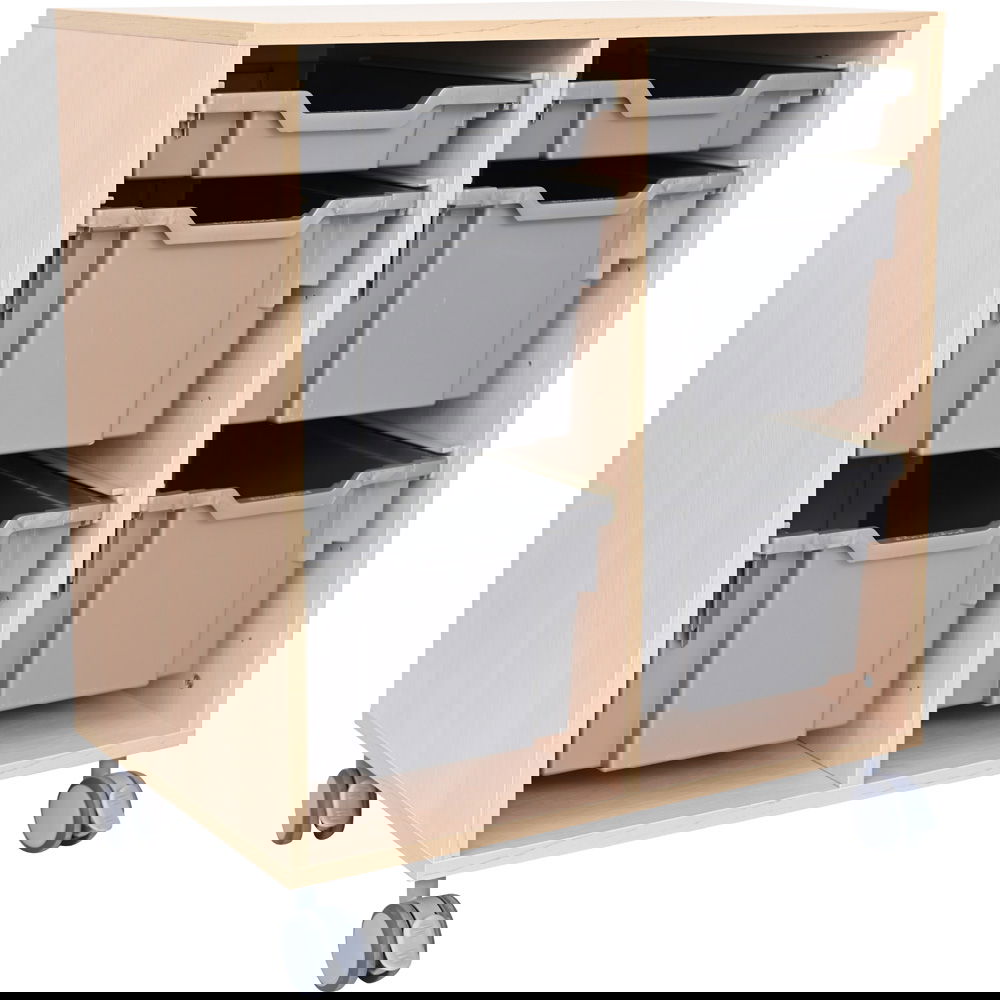 Regal M auf Rollen, B 70, mit 6 Behältern - Ahorn Jylland - silberfarben (Grande 76)