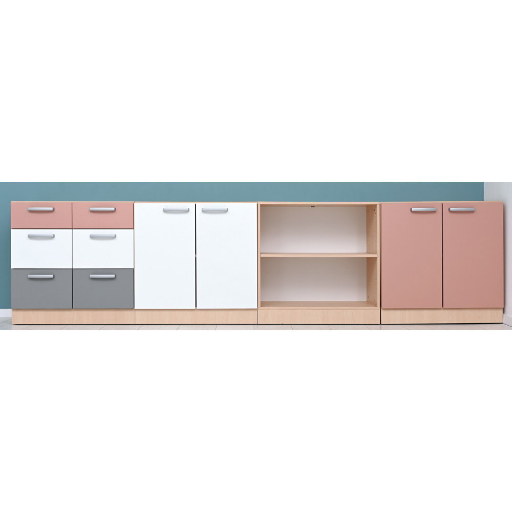 Möbelsatz Grande 84, T 38, Ahorn Jylland, Fronten altrosa/weiß/grau