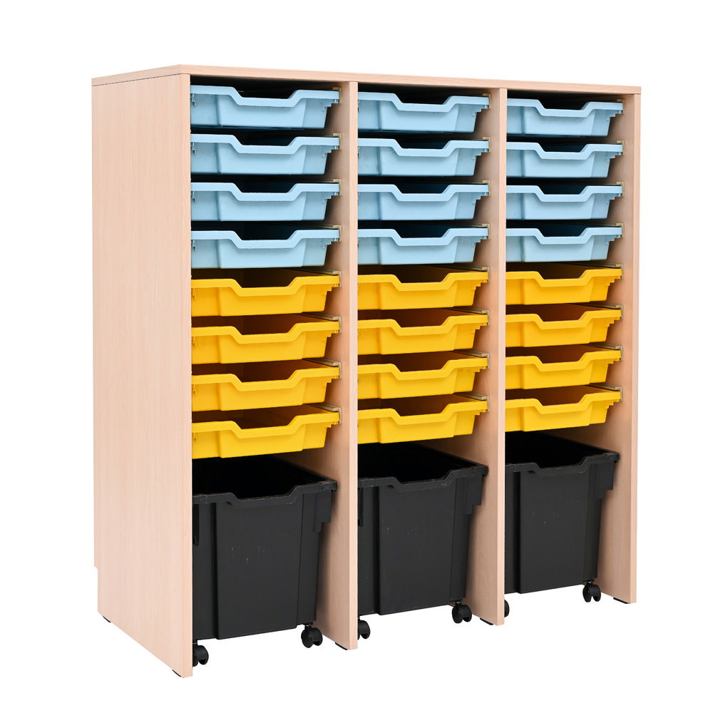 Regal Open L, B 104, mit 3+24 Behältern - Ahorn Jylland - schwarz, gelb (Grande 95)