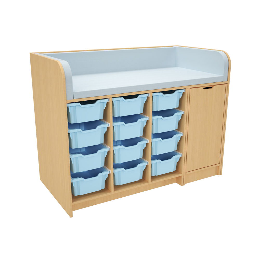 Große Wickelkommode mit ausziehbarer Treppe, Tür, Auflage und passenden Behältern