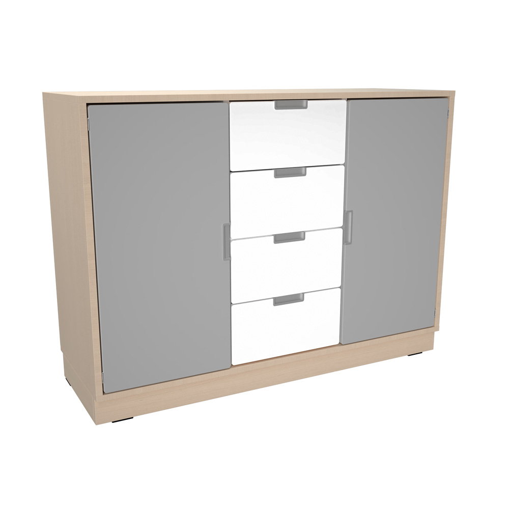 Schrank M mit 2 Mittelwänden, mit 4 Schubladen und Türen, B 116 (Quadro 230/230W – 180°)
