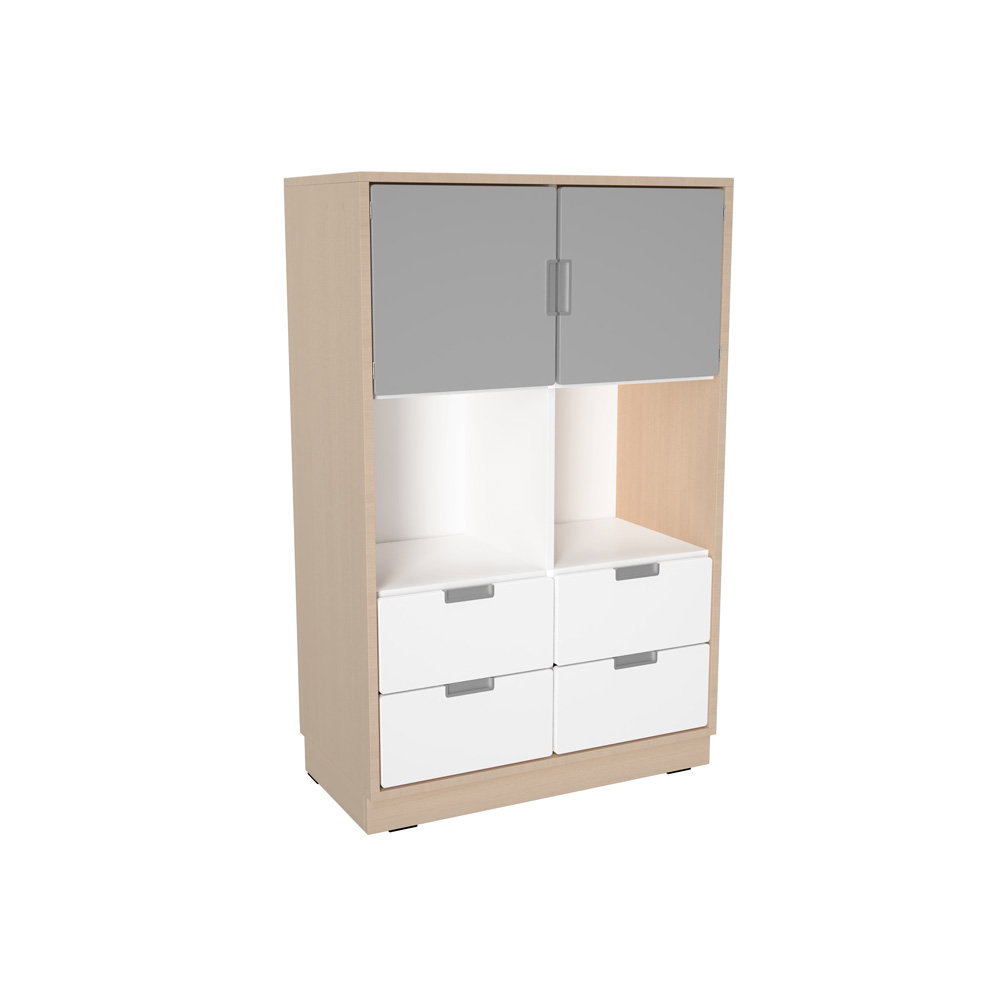 Schrank L mit Mittelwand, mit 4 Schubladen, Türen und offenen Fächern, B 79 (Quadro 234/234W – 180°)