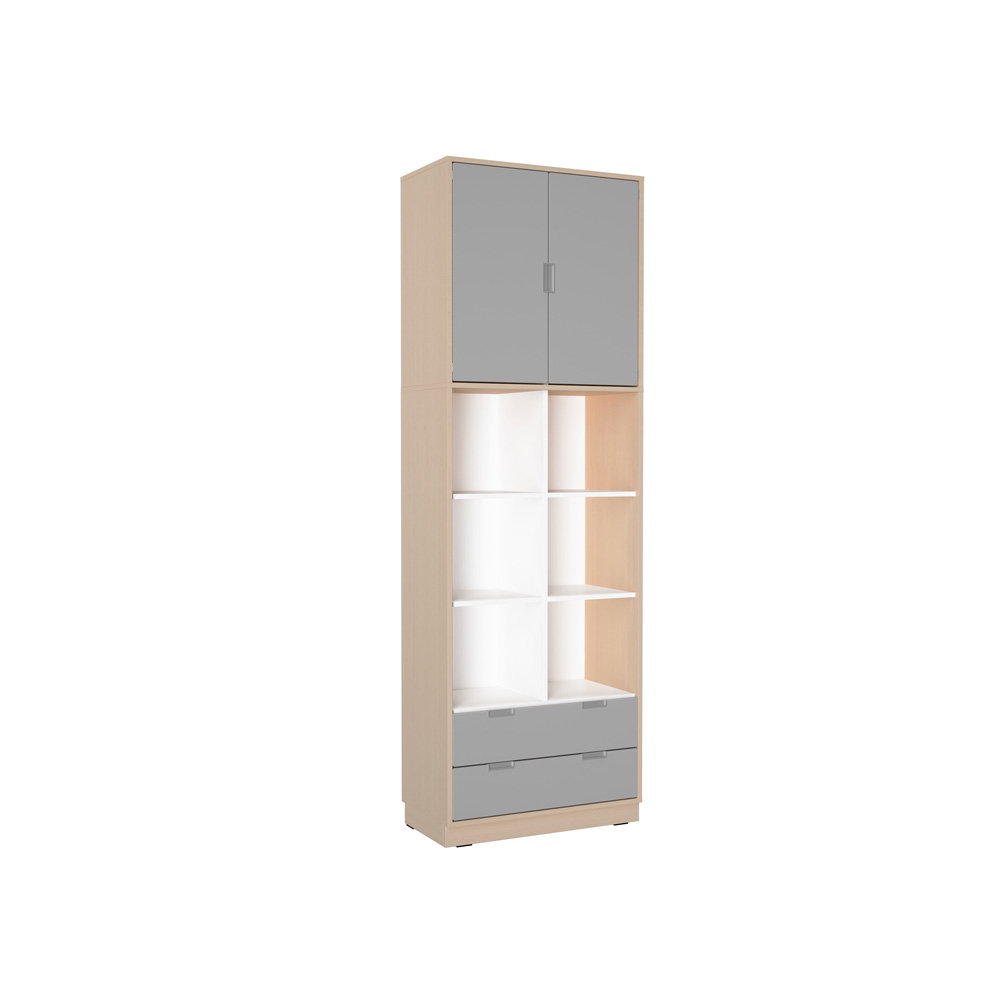 Hochschrank, mit Mittelwand, H 238, mit 2 breiten Schubladen, Türen und offenen Fächern, B 79 (Quadro 249/249W – 180°)