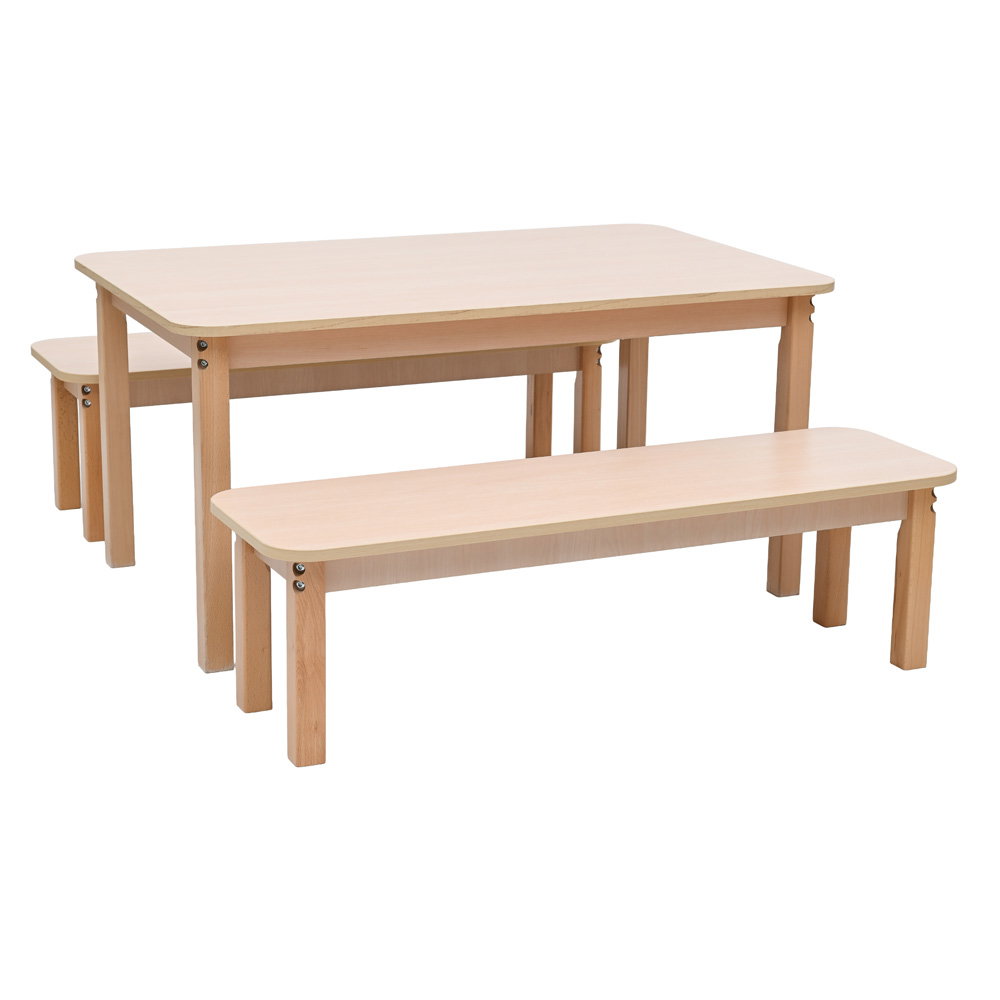 Tisch Klassik (120 x 74 cm, Ahorn Jylland), mit Sitzbänken SH 35 cm