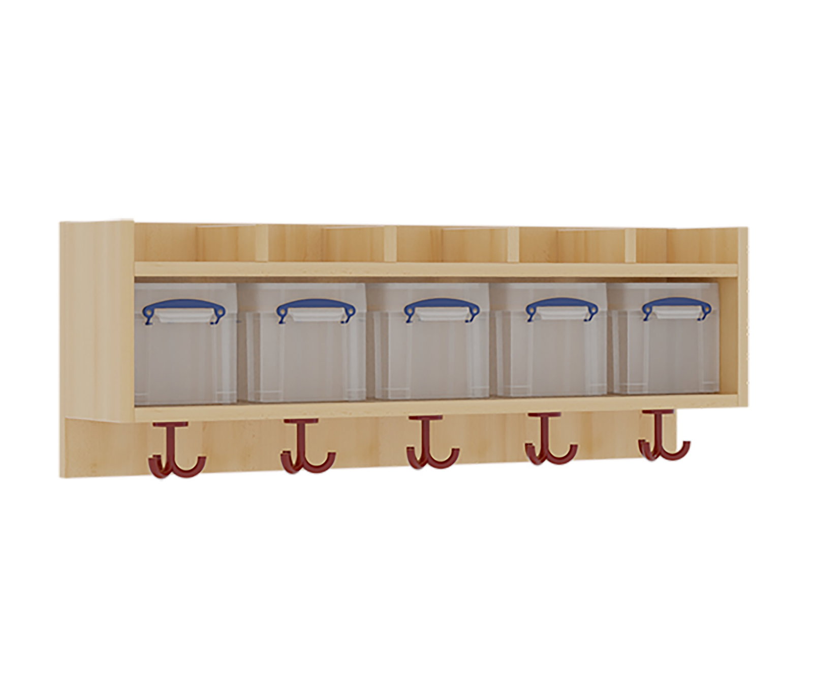 Einfache Garderobenablage, Kunststoffboxen, nach oben offene Ablagen