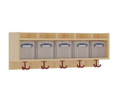 Einfache Garderobenablage, Kunststoffboxen, nach oben offene Ablagen