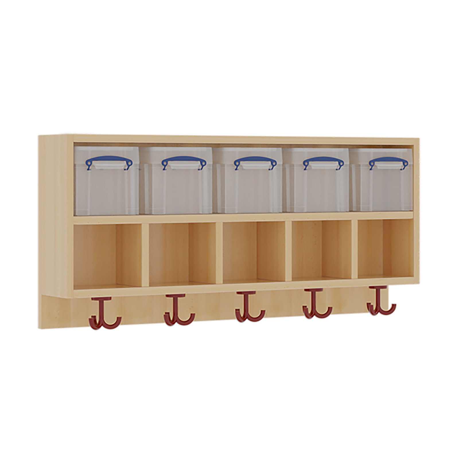 Doppelte Garderobenablage, Kunststoffboxen mit Deckel, offene Fächer