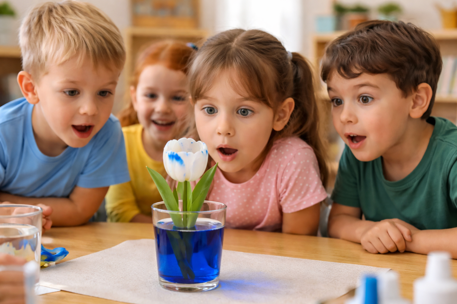 Kinder staunen darüber, wie sich eine Tulpe im Wasser färbt