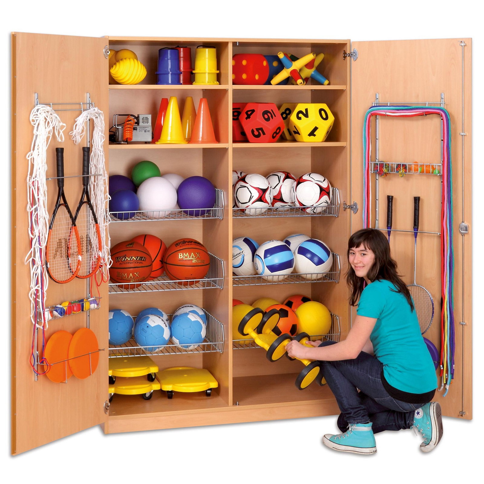 Flexeo® Sportschrank, Gerätehaken, 6 Gitterkörbe, 4 Fächer oben