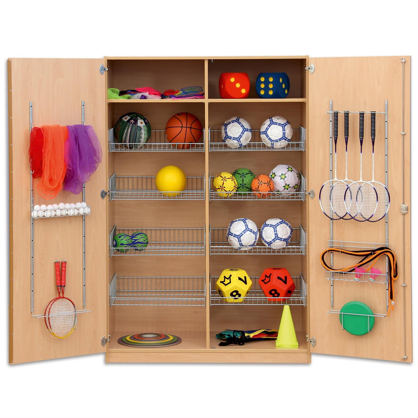 Flexeo® Sportschrank, Gerätehaken, 8 Gitterkörbe, 2 Fächer oben