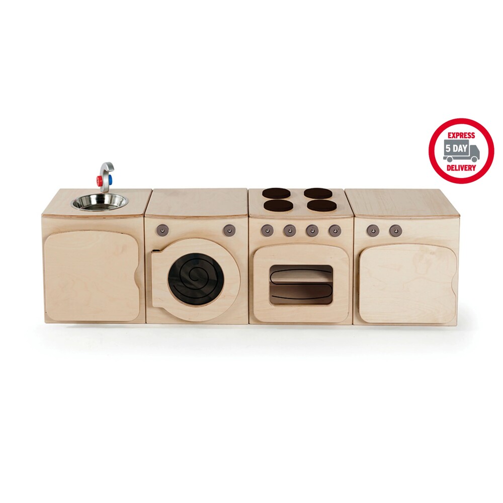 Krippen-Spielküche – Set aus Herd, Kühlschrank, Waschmaschine & Spüle