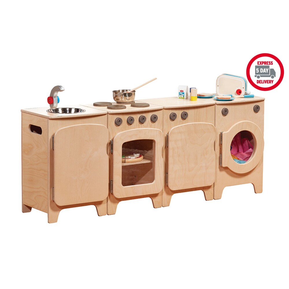 Kita-Spielküche – Set aus Herd, Kühlschrank, Waschmaschine & Spüle