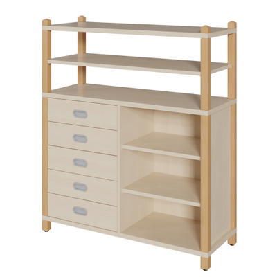 Stollenschrank mit 5 Dekorschüben, Regal und Regalaufsatz