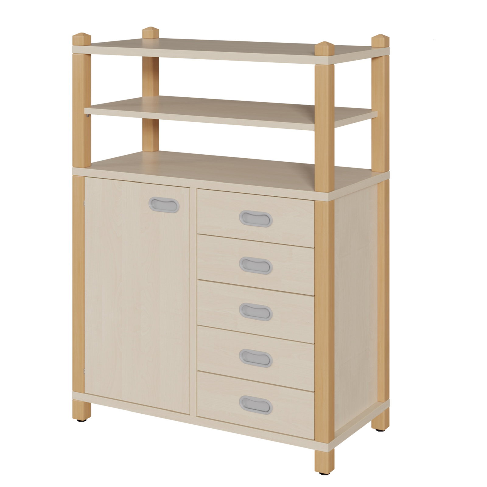 Stollenschrank mit 5 Dekorschüben, Tür und Regalaufsatz
