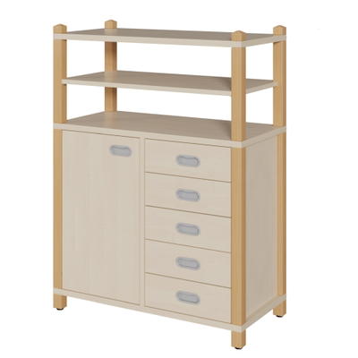 Stollenschrank mit 5 Dekorschüben, Tür und Regalaufsatz