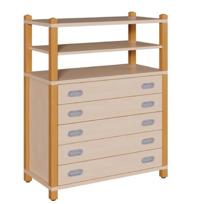 Stollenschrank mit 5 breiten Dekorschüben und Regalaufsatz