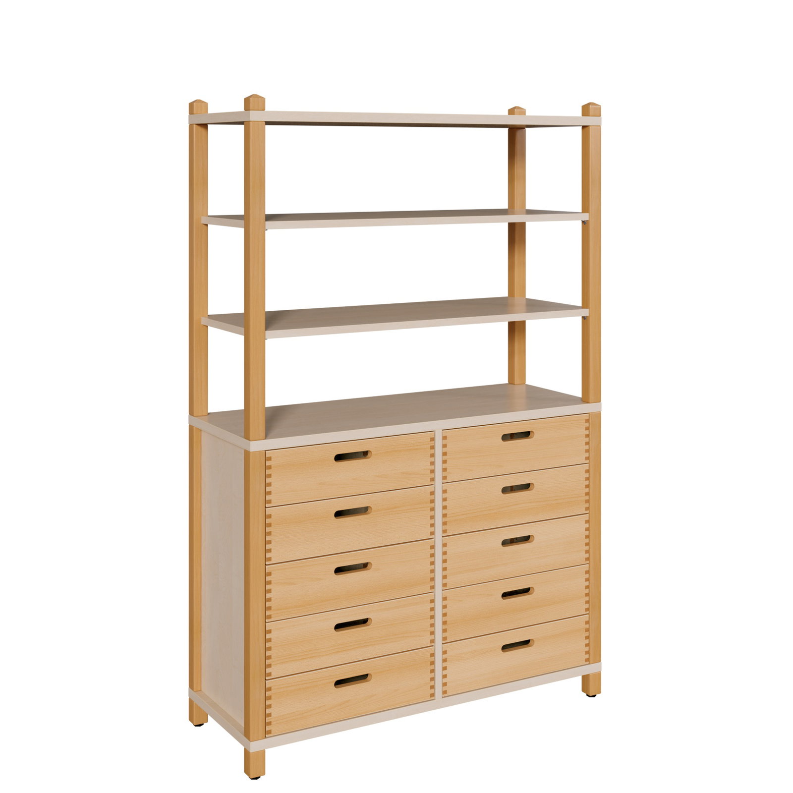 Stollenschrank mit 10 Massivholzschüben und Regalaufsatz, Breite: 106 cm