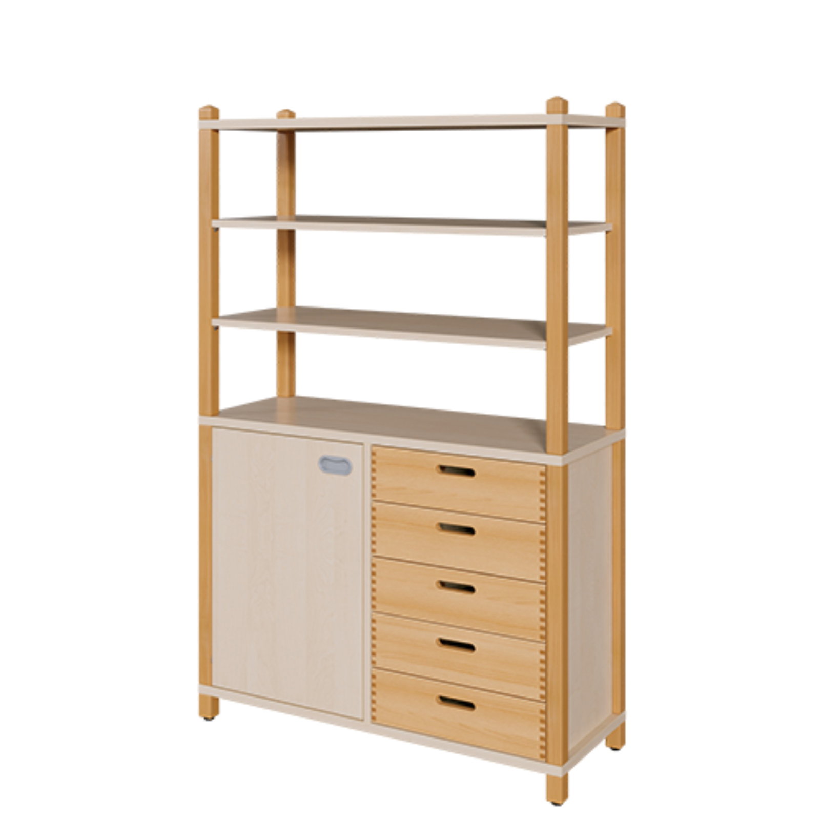 Stollenschrank mit 5 Massivholzschüben, 1 Tür und Regalaufsatz