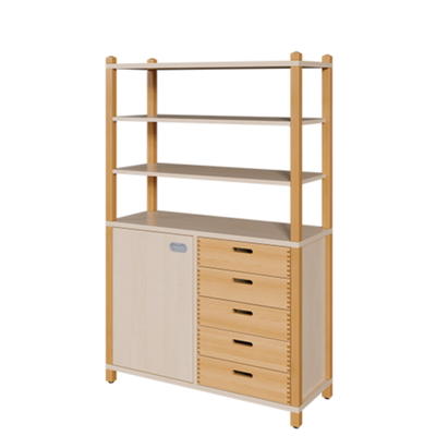 Stollenschrank mit 5 Massivholzschüben, 1 Tür und Regalaufsatz