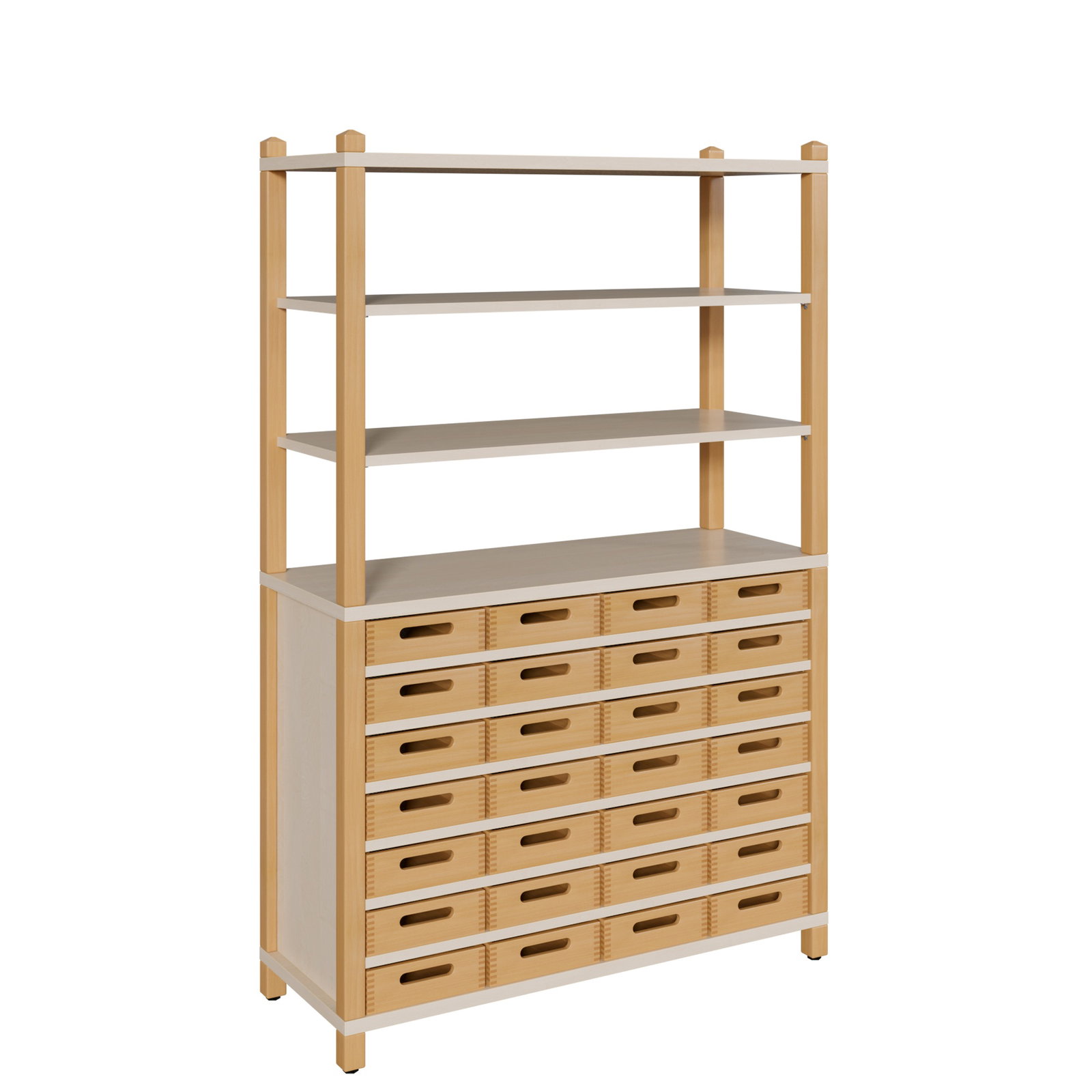 Stollenschrank mit flachen Massivholzkästen und Regalaufsatz