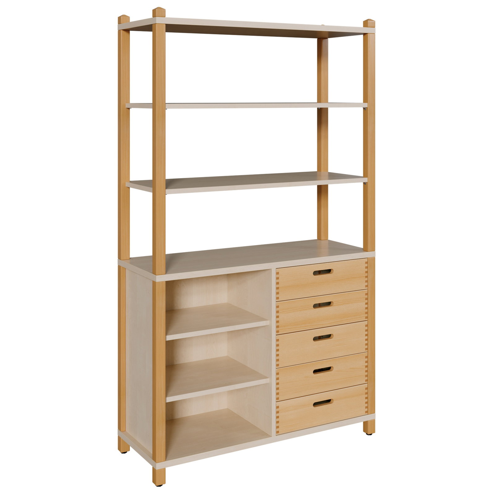 Stollenregal mit 5 Massivholzschüben und Regalaufsatz Breite 106 cm