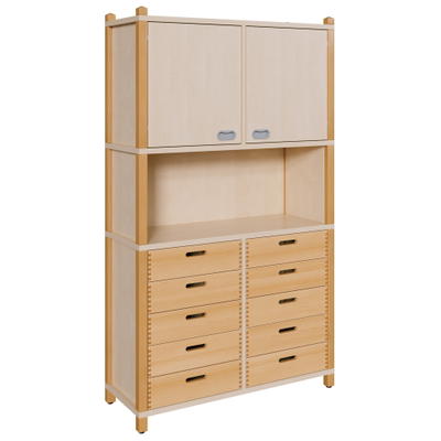 Stollenschrank mit 10 Massivholzschüben und Oberschrank, Breite: 106 cm
