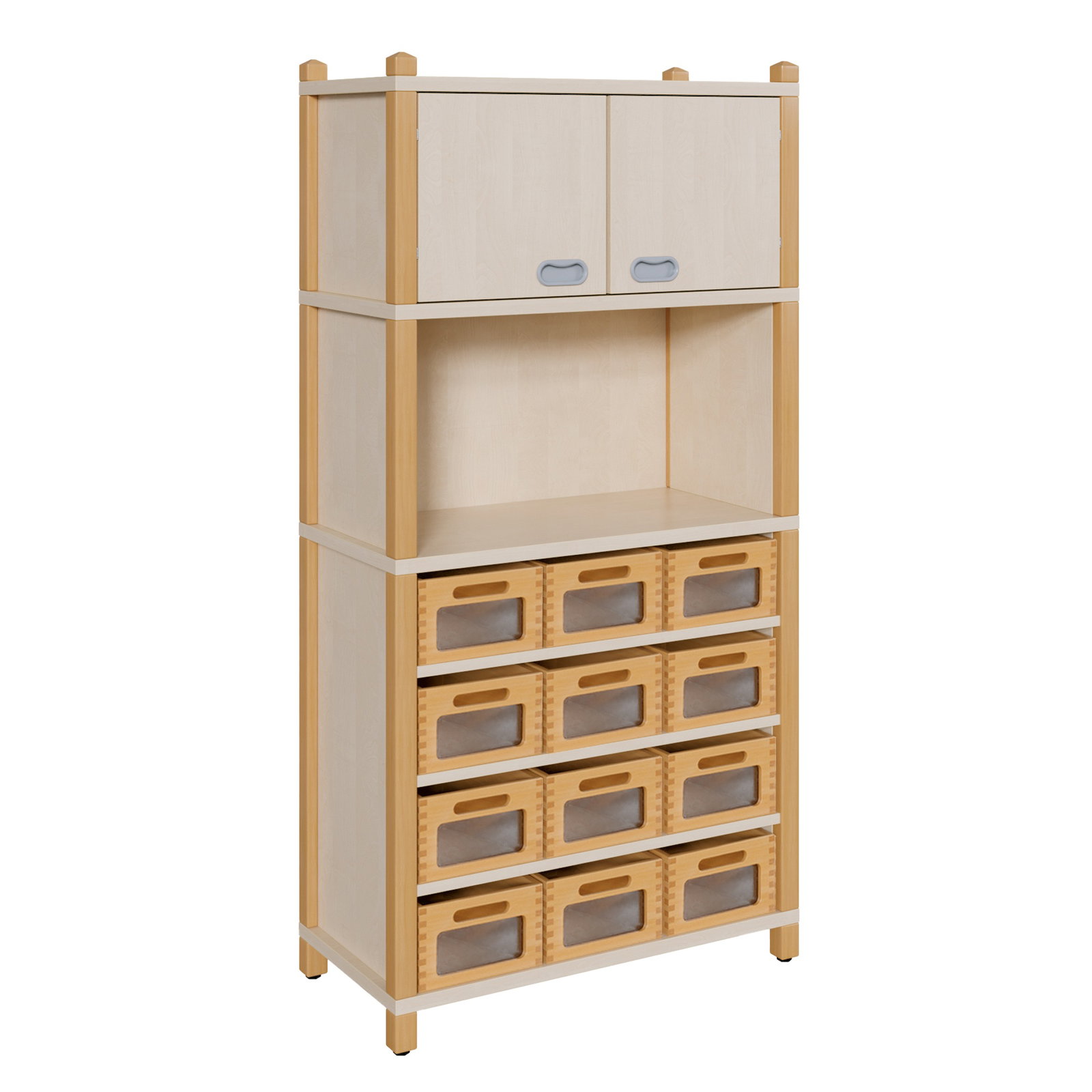 Stollenschrank mit Massivholzkästen und Oberschrank zweitürig