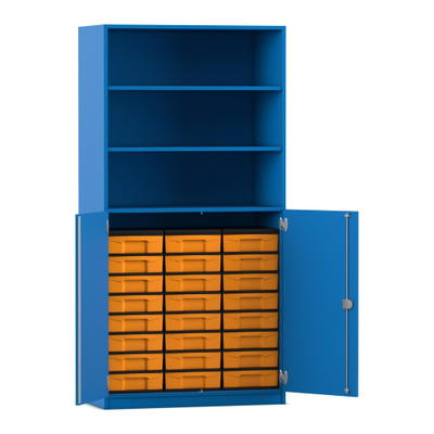Flexeo® Schrank, 24 kleine Boxen, 3 Fächer, 2 Halbtüren