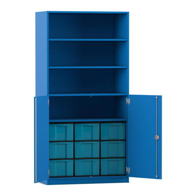 Flexeo® Schrank, 9 große Boxen, 4 Fächer, 2 Halbtüren