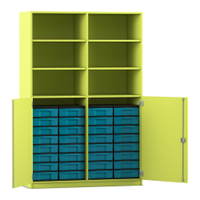 Flexeo® Schrank, 32 kleine Boxen, 6 Fächer, Mittelwand, 2 Halbtüren