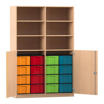 Flexeo® Schrank, 16 große Boxen, 6 Fächer, Mittelwand, 2 Halbtüren