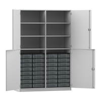 Flexeo® Schrank, 32 kleine Boxen, 6 Fächer, Mittelwand, 4 Halbtüren – Bild 130