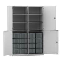 Flexeo® Schrank, 16 große Boxen, 6 Fächer, Mittelwand, 4 Halbtüren