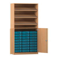 Flexeo® Schrank, 3 Schrägablagen, 24 kleine Boxen, 2 Halbtüren