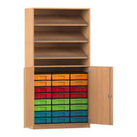 Flexeo® Schrank, 3 Schrägablagen, 24 kleine Boxen, 2 Halbtüren