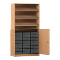 Flexeo® Schrank, 3 Schrägablagen, 24 kleine Boxen, 2 Halbtüren