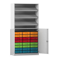 Flexeo® Schrank, 3 Schrägablagen, 24 kleine Boxen, 2 Halbtüren