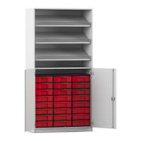 Flexeo® Schrank, 3 Schrägablagen, 24 kleine Boxen, 2 Halbtüren