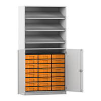 Flexeo® Schrank, 3 Schrägablagen, 24 kleine Boxen, 2 Halbtüren