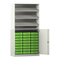 Flexeo® Schrank, 3 Schrägablagen, 24 kleine Boxen, 2 Halbtüren