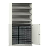 Flexeo® Schrank, 3 Schrägablagen, 24 kleine Boxen, 2 Halbtüren