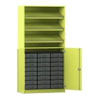 Flexeo® Schrank, 3 Schrägablagen, 24 kleine Boxen, 2 Halbtüren