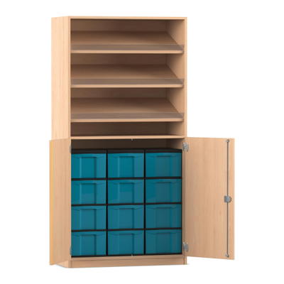 Flexeo® Schrank, 3 Schrägablagen, 12 große Boxen, 2 Halbtüren
