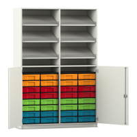 Flexeo® Schrank, 6 Schrägablagen, 32 kleine Boxen, 2 Halbtüren