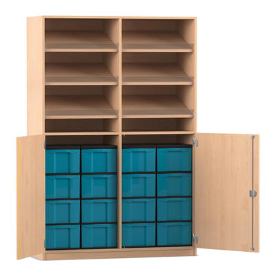 Flexeo® Schrank, 6 Schrägablagen, 16 große Boxen, 2 Halbtüren
