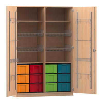 Flexeo® Sportschrank, Gerätehaken, 4 Gitterkörbe, 12 große Boxen